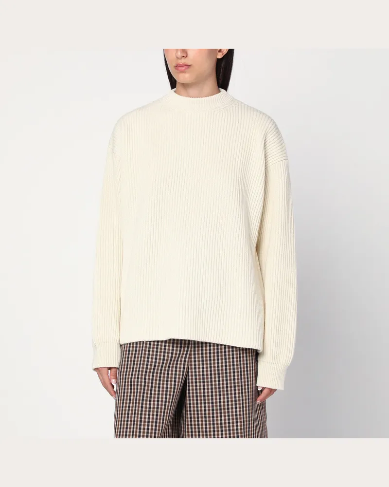 Jil Sander Gerippter Rundhalspullover in Weiß White