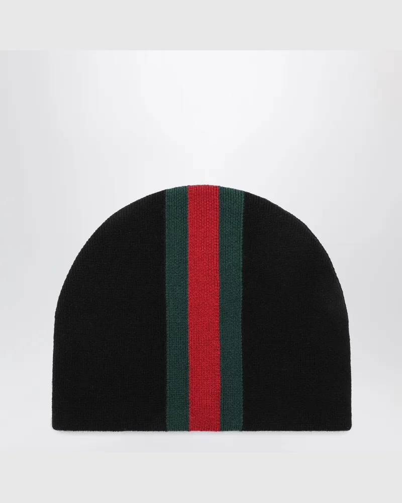 Gucci Schwarze Wollmütze mit Web-Band Black