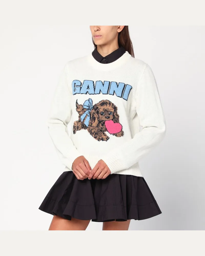 Ganni Elfenbeinfarbener Puppy Wollmischpullover Beige