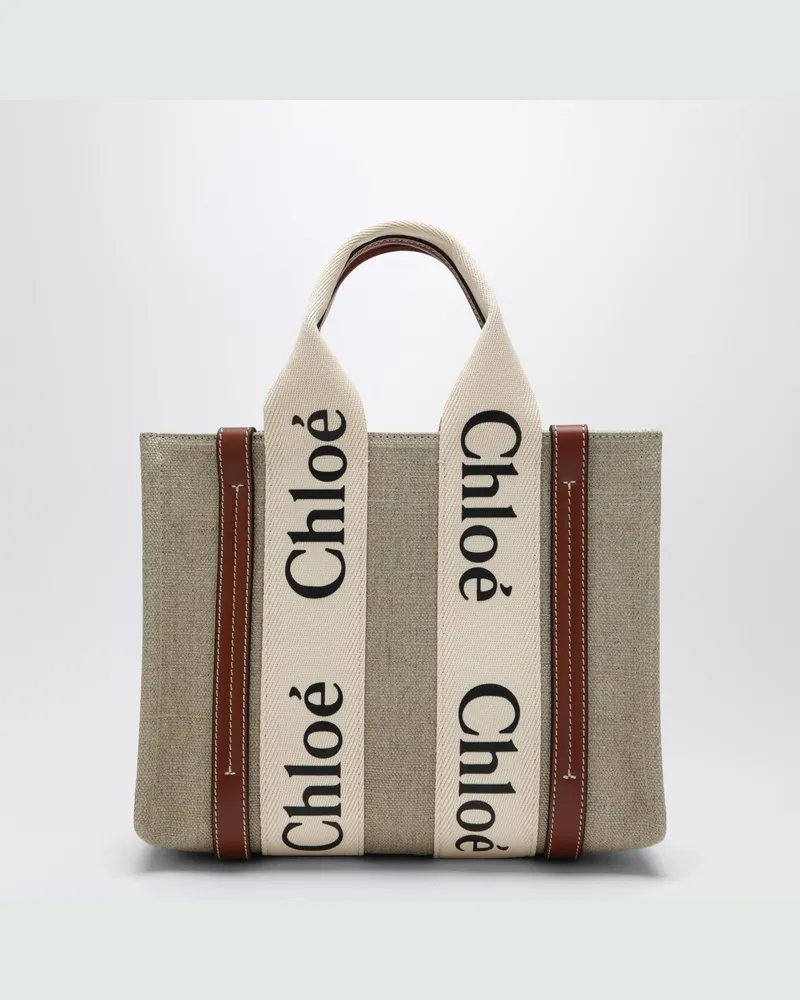 Chloé Kleine Woody-Tasche aus beigem Leinen White