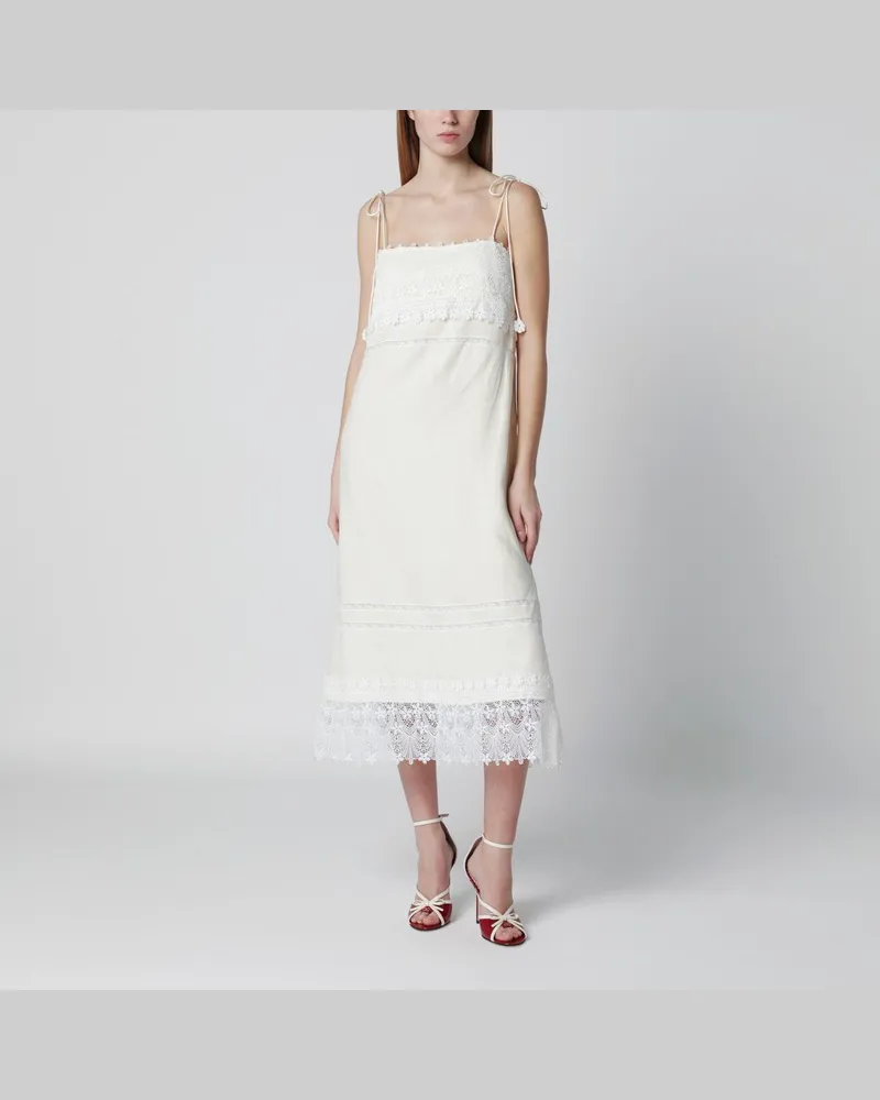 Valentino Garavani Elfenbeinfarbenes Leinen-Midikleid mit Sangallo-Stickerei Weiß