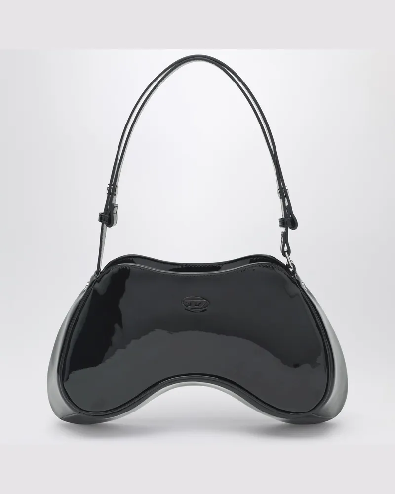 Diesel Double-D Schultertasche aus schwarzem Lackleder Black