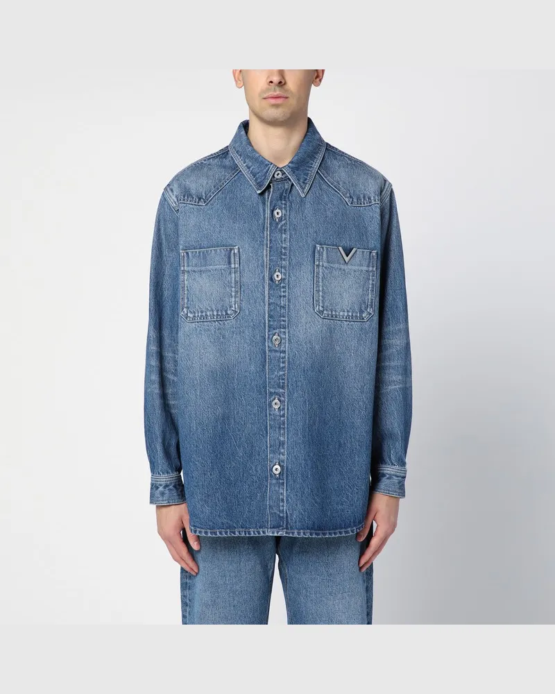 Valentino Garavani Blaues Jeanshemd aus Denim mit V-Detail Blau