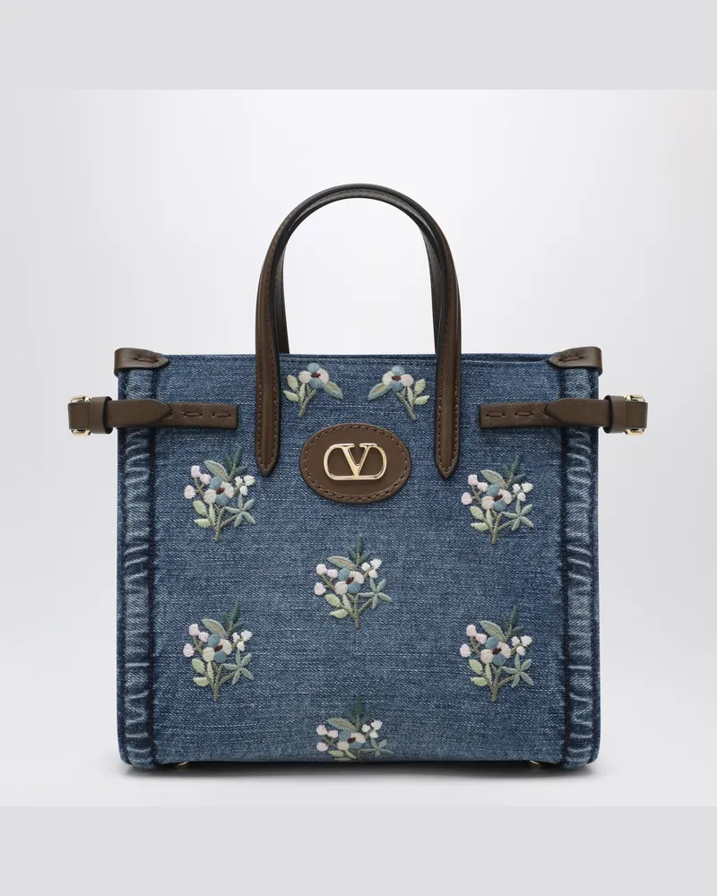 Valentino Garavani Kleine Antibes Shopper aus besticktem Denim Multicolor Blue