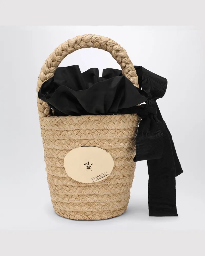 Patou Vanillefarbene Bucket Bag aus Stroh mit Logo 