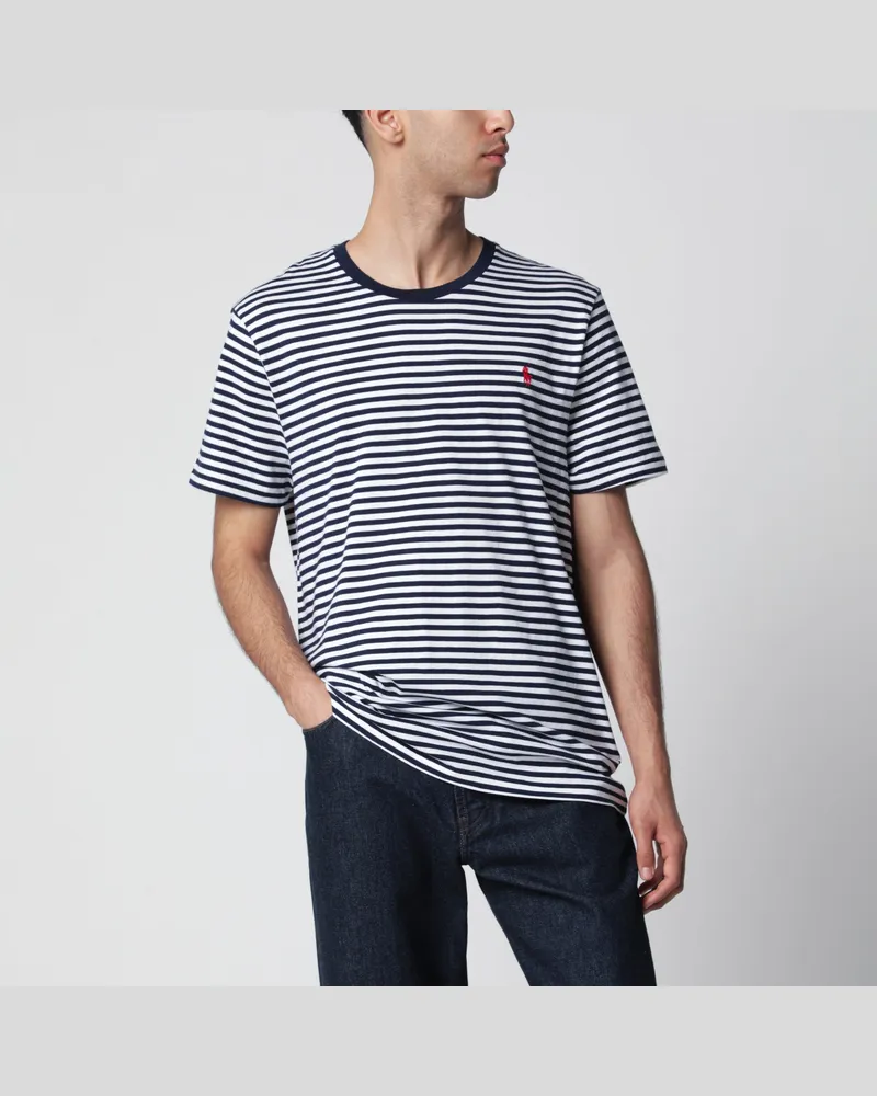 Ralph Lauren Weiß/Marineblau gestreiftes Custom Slim-Fit T-Shirt Blue