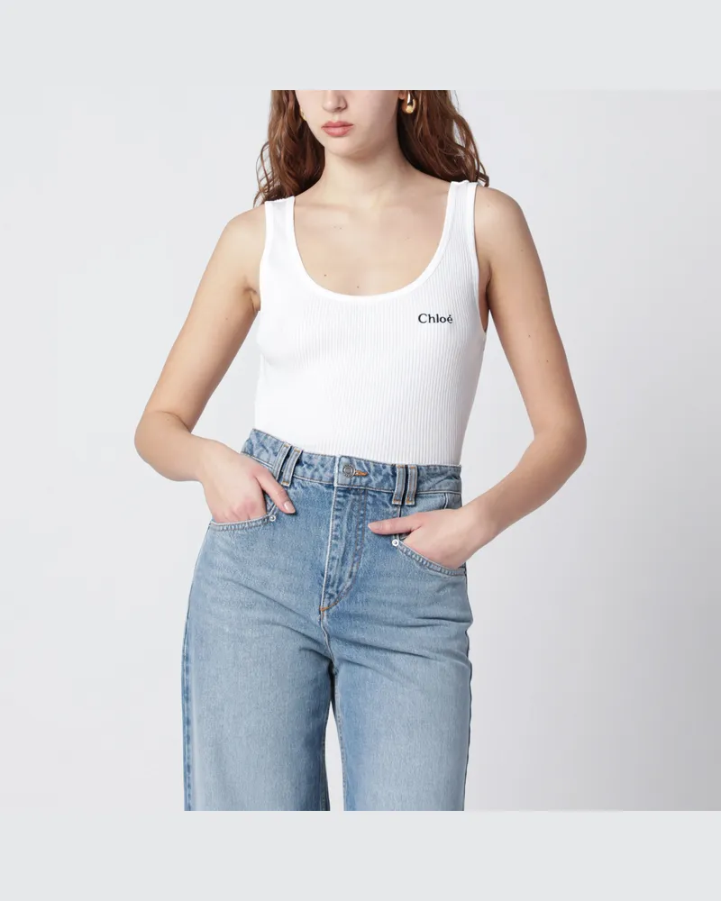 Chloé Weißes geripptes Tank-Top mit Logo White