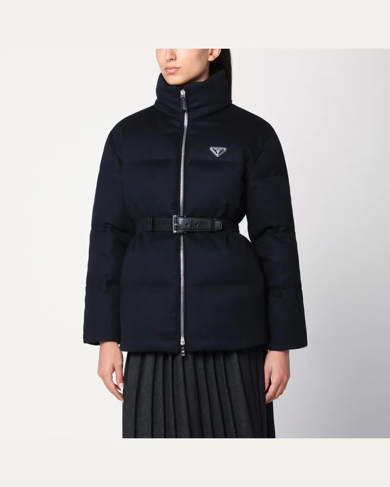 Prada Blaue Daunenjacke mit blauem Flanellgürtel Blau
