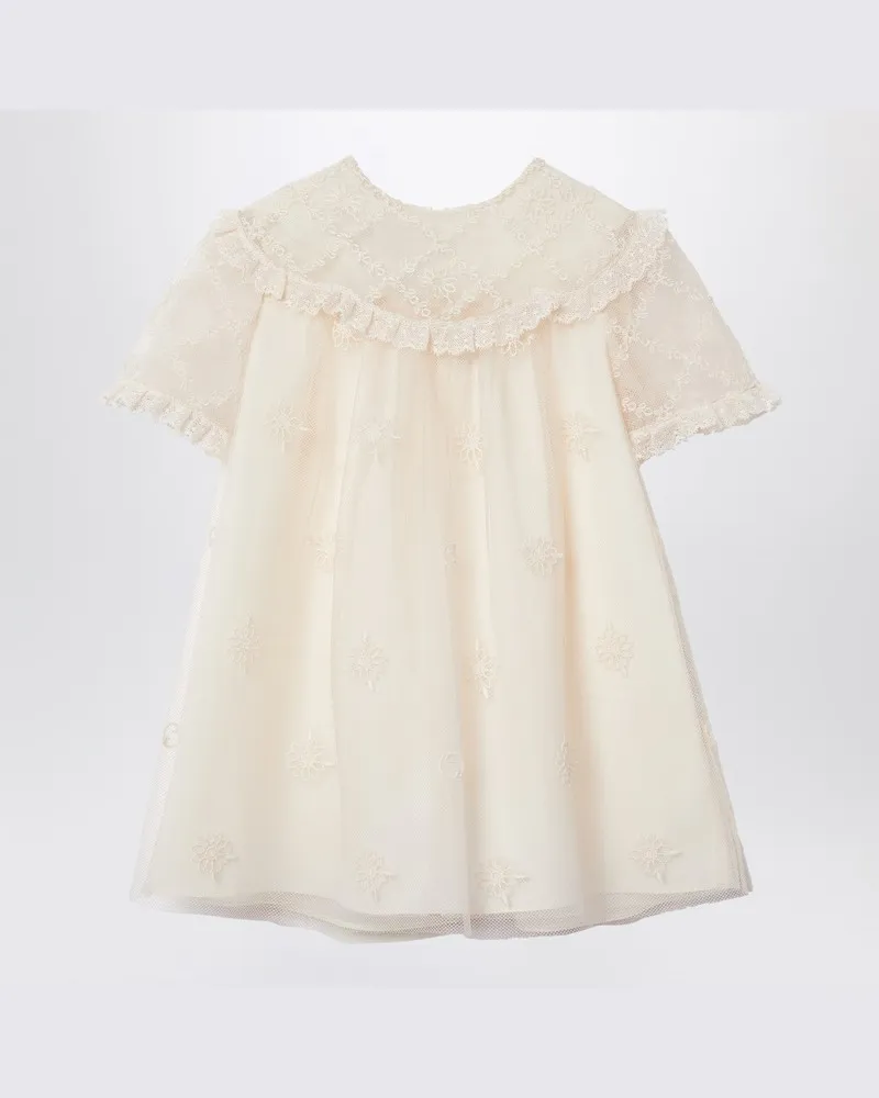 Gucci Elfenbeinfarbenes Kleid aus Nylon-Tüll mit Blumenstickerei Weiß