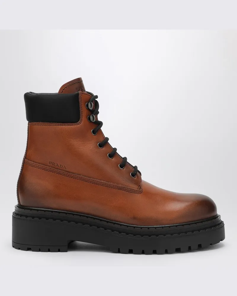Prada Cognacfarbene Stiefeletten aus Leder und Re-Nylon Braun