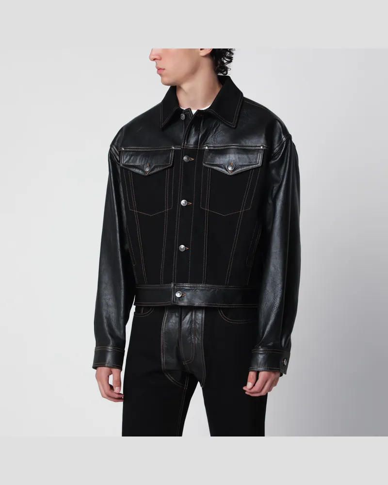 Versace Bomberjacke aus schwarzem Denim und Leder Black