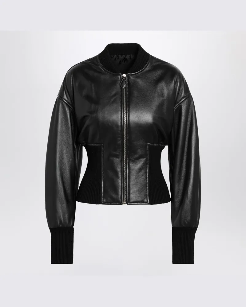 Alaïa Schwarze Leder-Bomberjacke mit Banddetail Schwarz