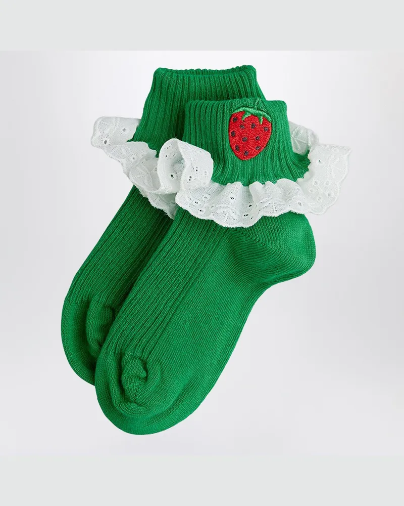 Mini Rodini Grüne Socken mit gestickten Erdbeeren und Spitze Green