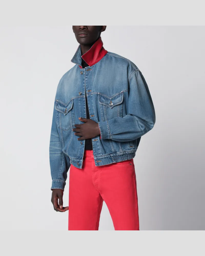 Versace Jeansjacke aus Baumwoll-Denim in Blau mit Lederdetails Blue