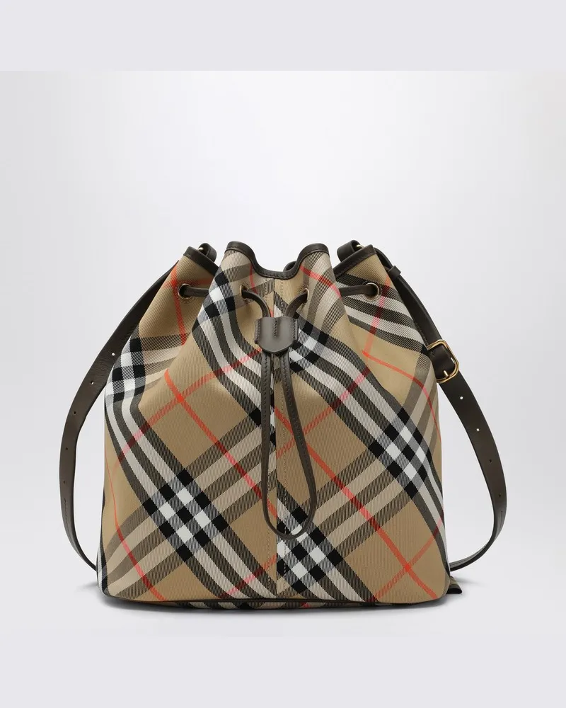 Burberry Mittelgroße beigefarbene Bucket Bag mit Karomuster Beige