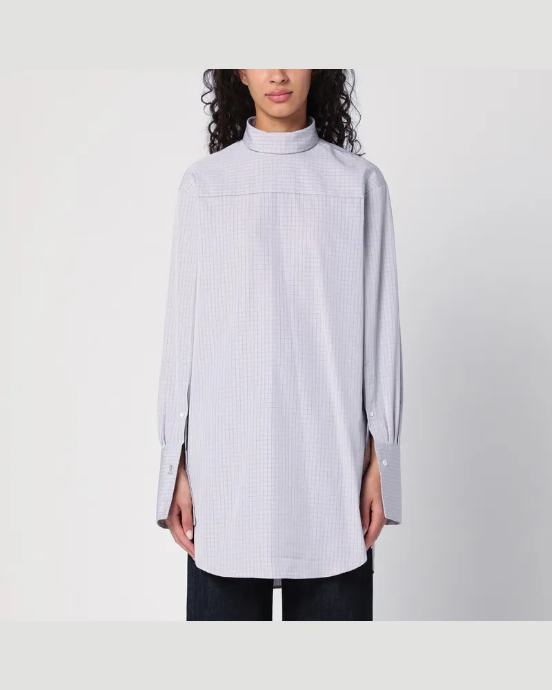 Dries van Noten Bluse mit hohem Kragen aus hellblau karierter Popeline Hellblau