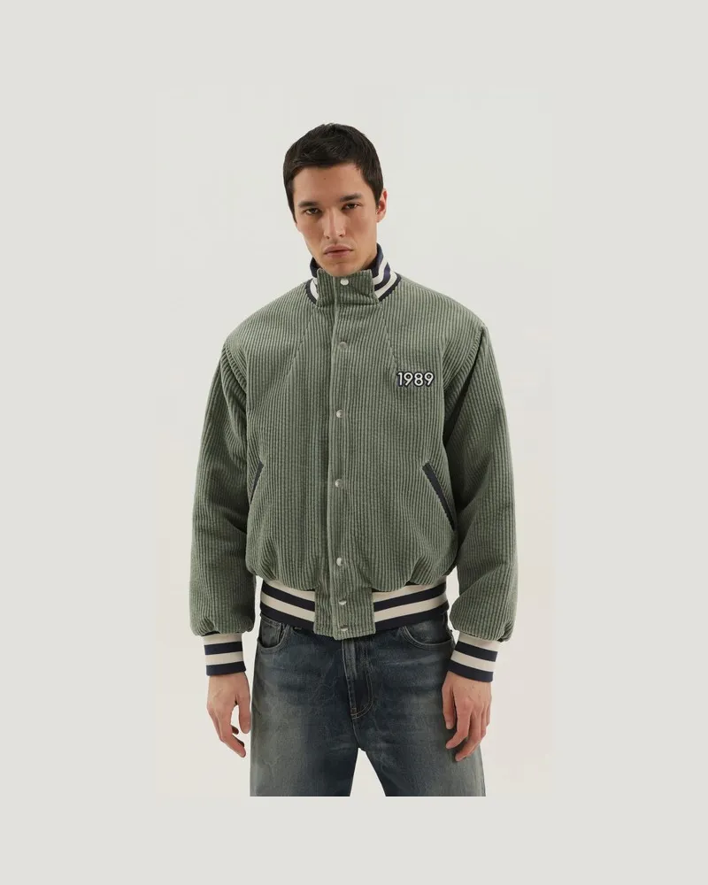1989 STUDIO Hellgrüne Cordjacke mit Varsity-Design Grün