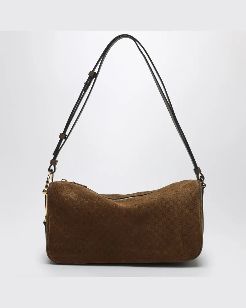 Gucci Mittelgroße Half-Horsebit-Schultertasche aus braunem Veloursleder Braun