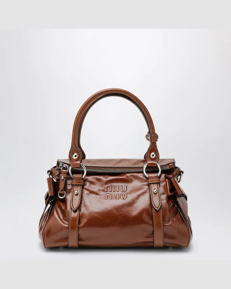 Miu Miu Mittelgroße Handtasche aus glänzendem Palisanderleder Brown