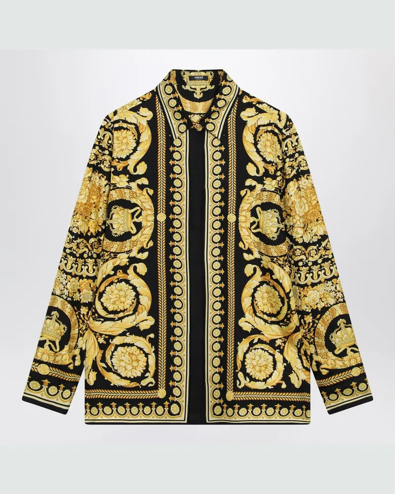 Versace Schwarzes und goldfarben bedrucktes Seidentwill-Hemd Multicolor
