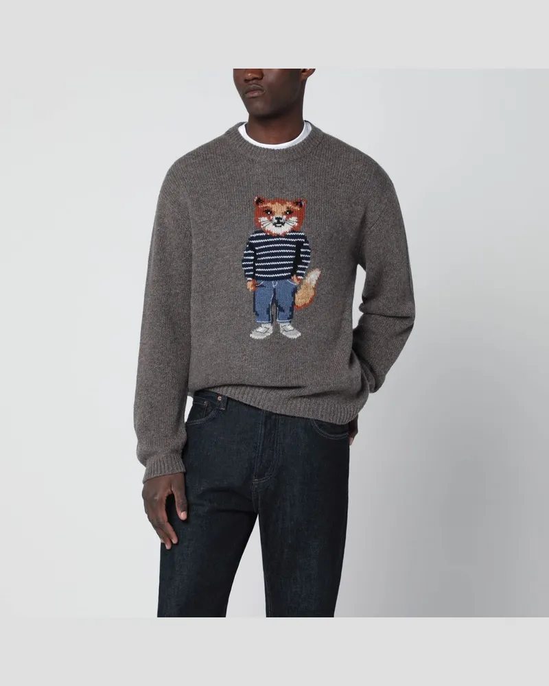 Kitsuné Grauer Melange-Pullover mit Dressed-Fox-Intarsie Grau