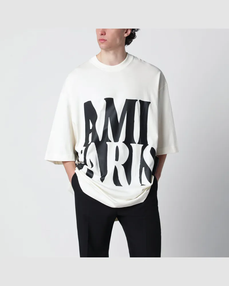AMI Paris Cremeweißes T-Shirt mit Logodruck White