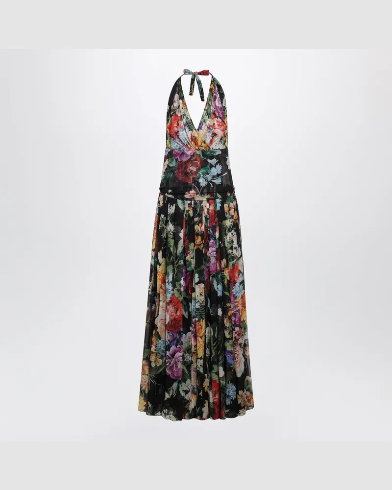 Dolce & Gabbana Langes Seidenchiffonkleid mit Blumenprint in Schwarz Multicolor