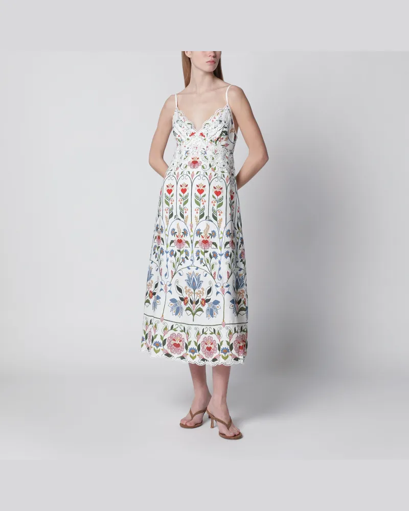 FARM Rio Weißes Midikleid aus Leinen mit Gartenmotiv Multicolor