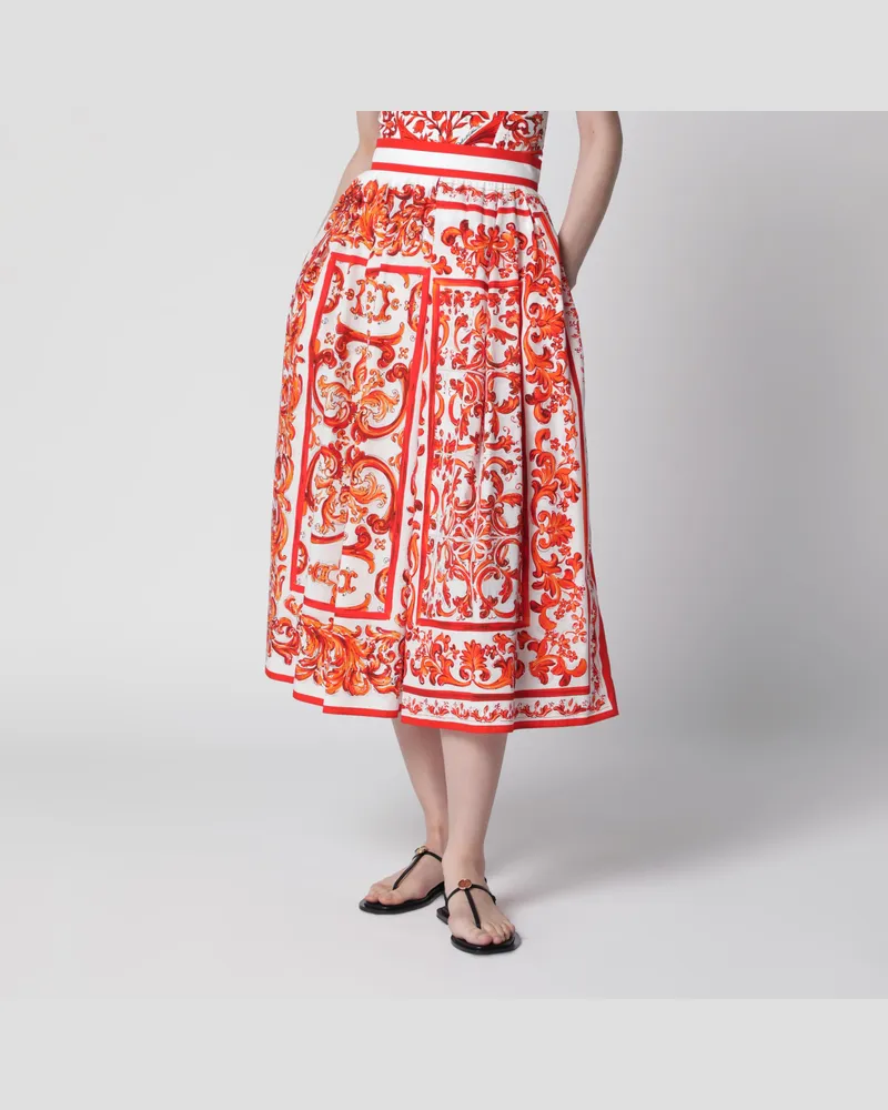 Dolce & Gabbana Plisseerock aus Baumwollpopeline mit Maiolica-Print in Orange Orange