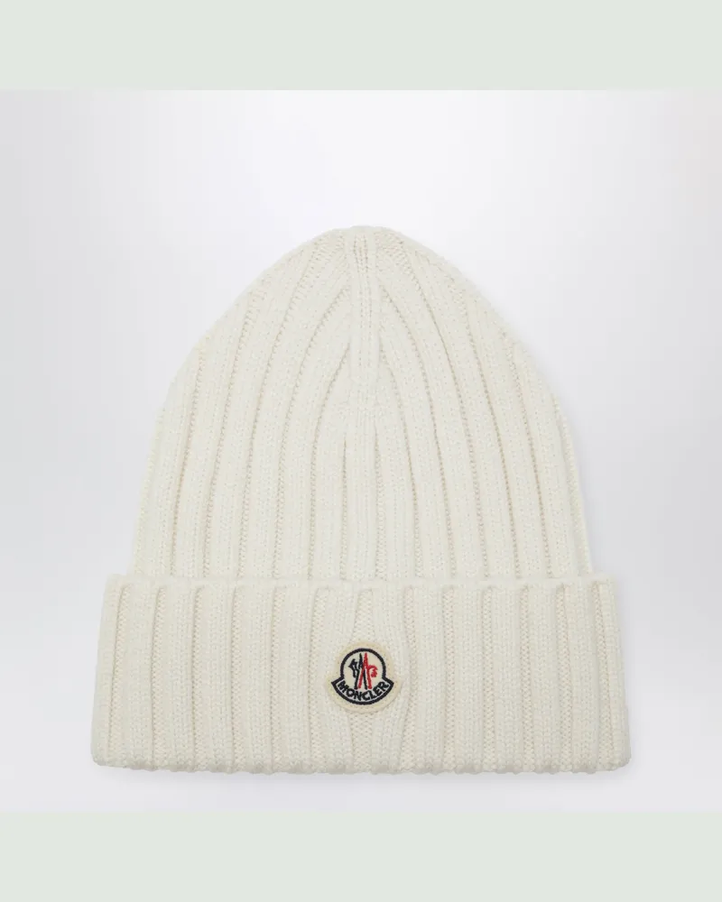 Moncler Weiße Zopfmuster-Beanie aus Wolle mit Logo White