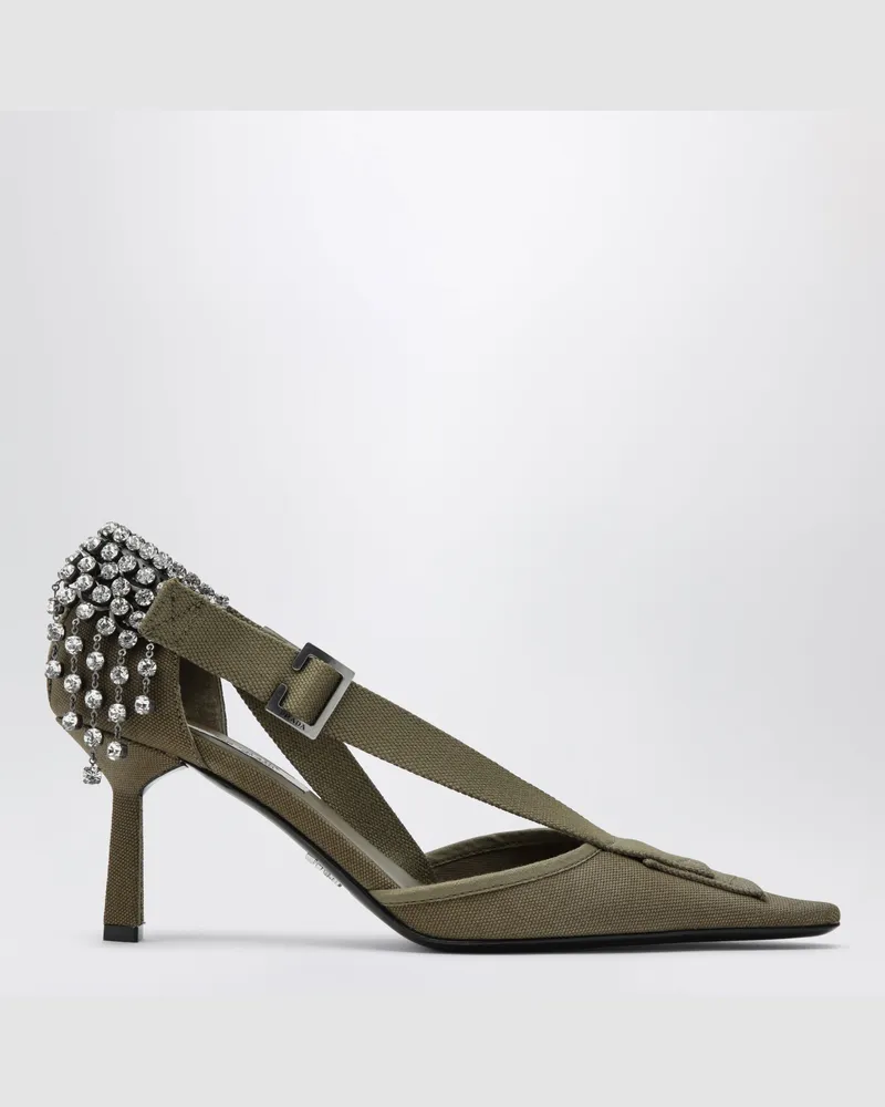 Prada Pumps aus Canvas in Militärgrün mit Kristallen Green