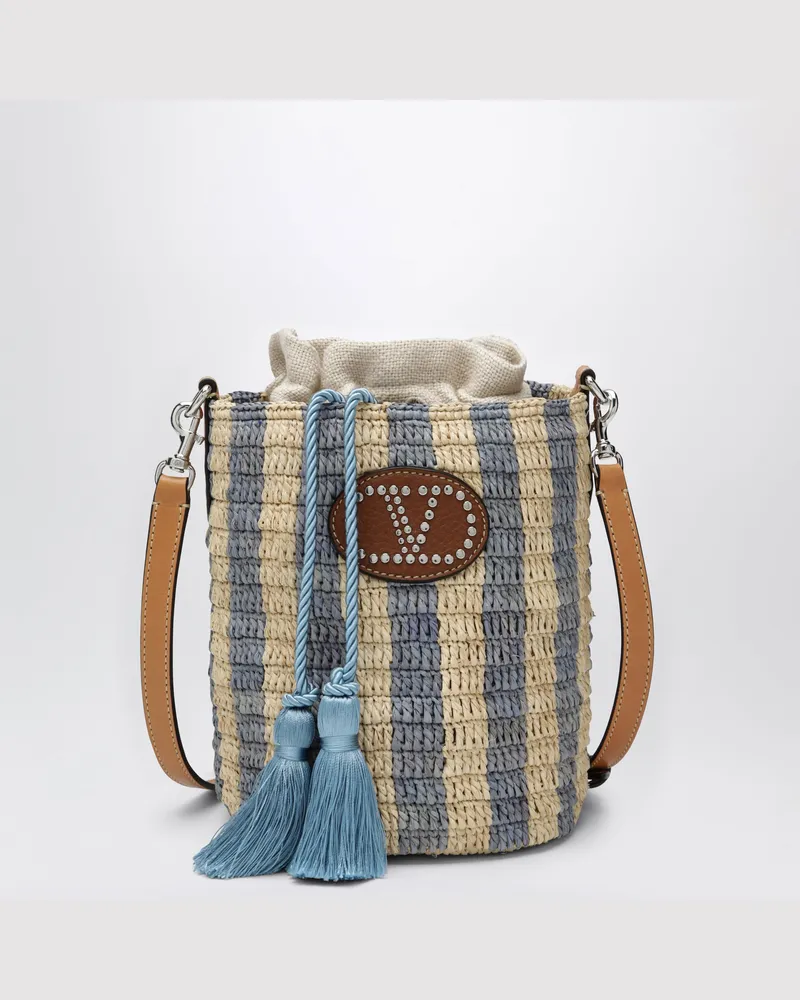 Valentino Garavani Kleine Bucket-Bag aus Raffia mit beige- und hellblauen Streifen Beige