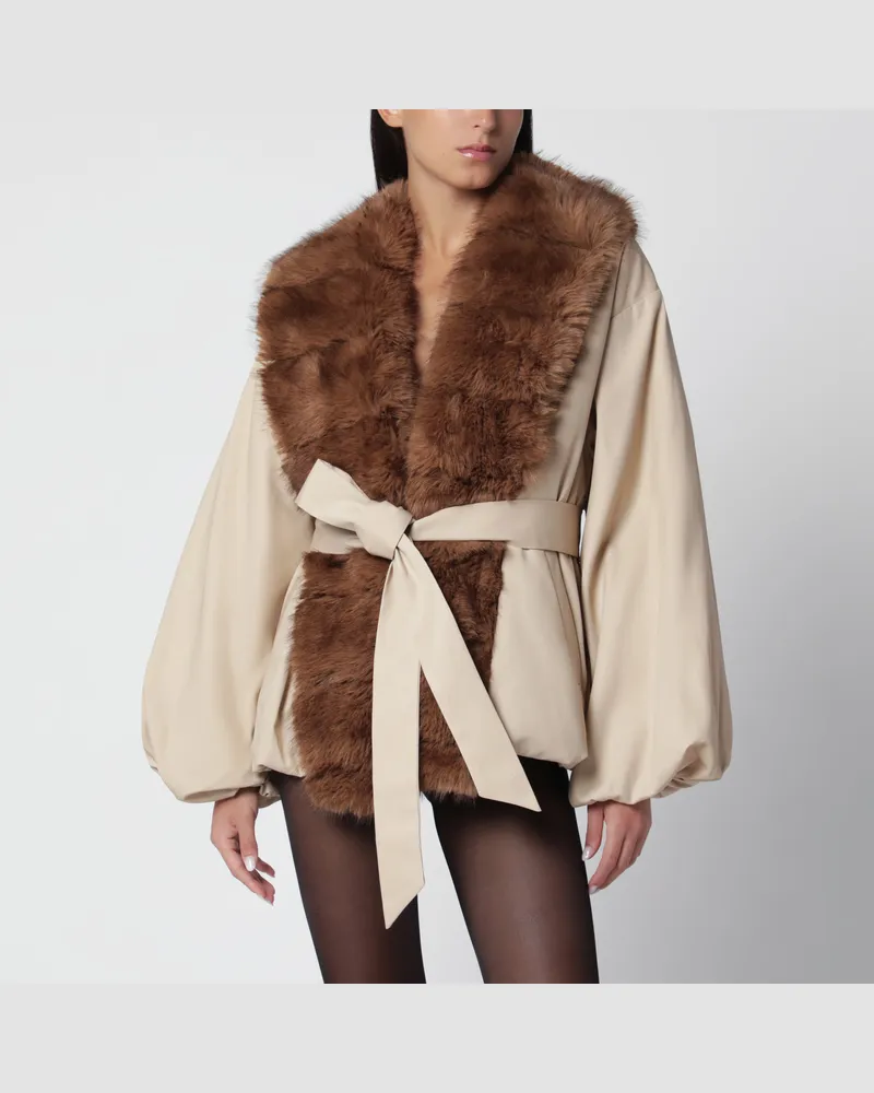ROTATE Birger Christensen Jacke in Zement mit Kunstpelzkragen Beige