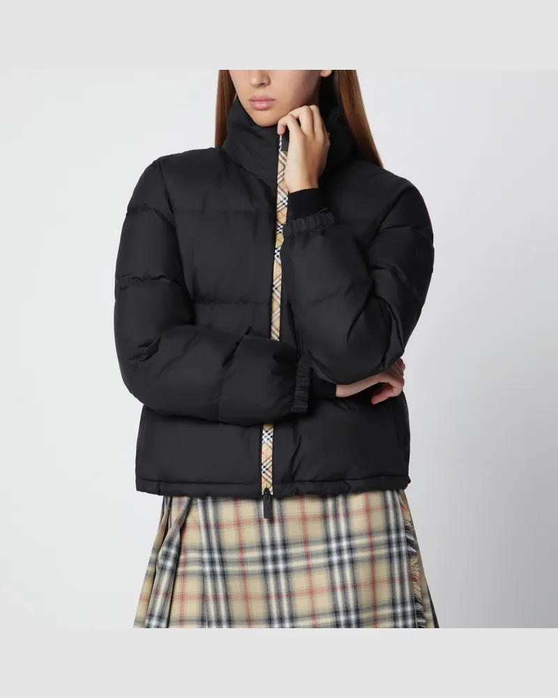 Burberry Schwarze Daunenjacke mit Reißverschluss und Check-Detail Black