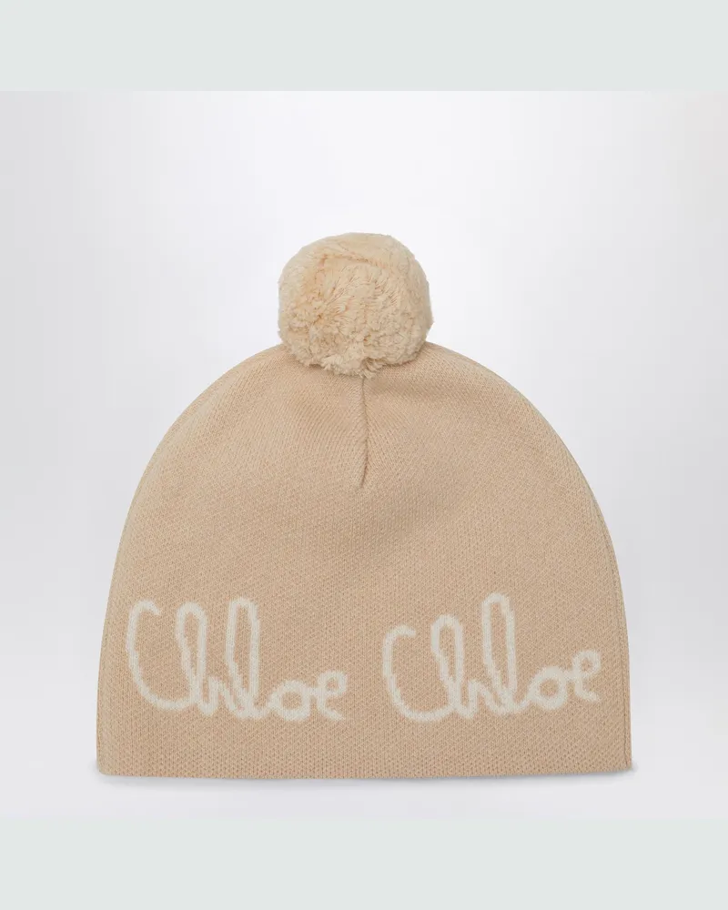 Chloé Beigefarbene Mütze mit Bommel und Logo Beige