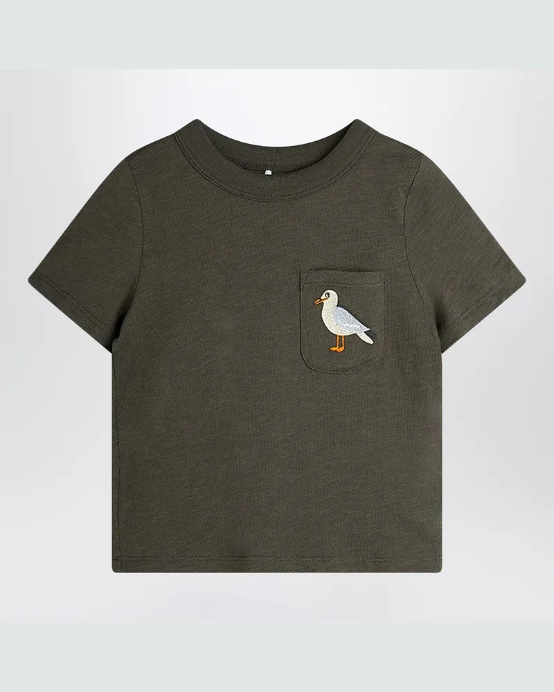 Mini Rodini Schwarzes T-Shirt mit Möwenstickerei 
