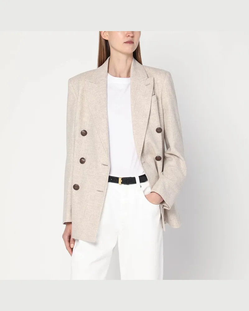 Brunello Cucinelli Beigefarbene zweireihige Jacke aus Wolle und Kaschmir Beige