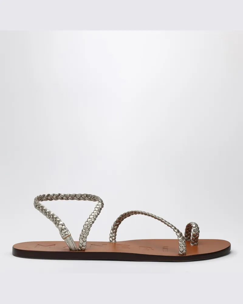 Manebí Platinfarbene Sandale mit Zehenring aus Leder Metallisch