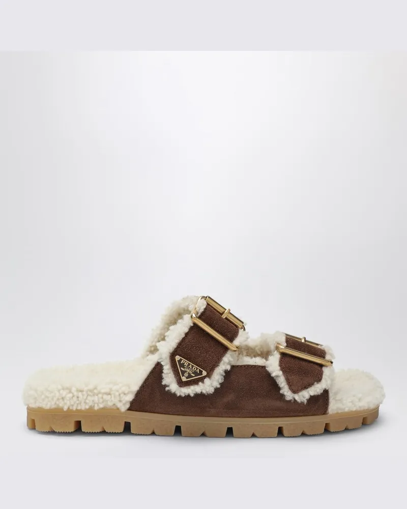 Prada Braune Sliders aus Wildleder und Lammfell Braun