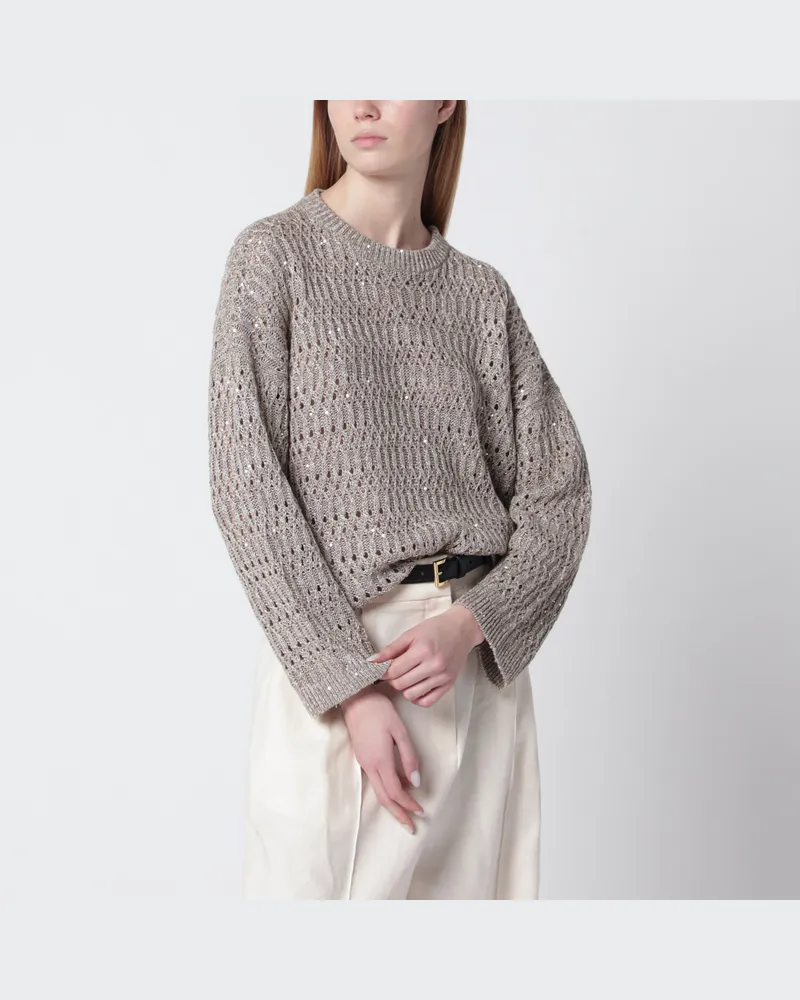 Brunello Cucinelli Gehäkelter Rundhalspullover mit Pailletten Beige