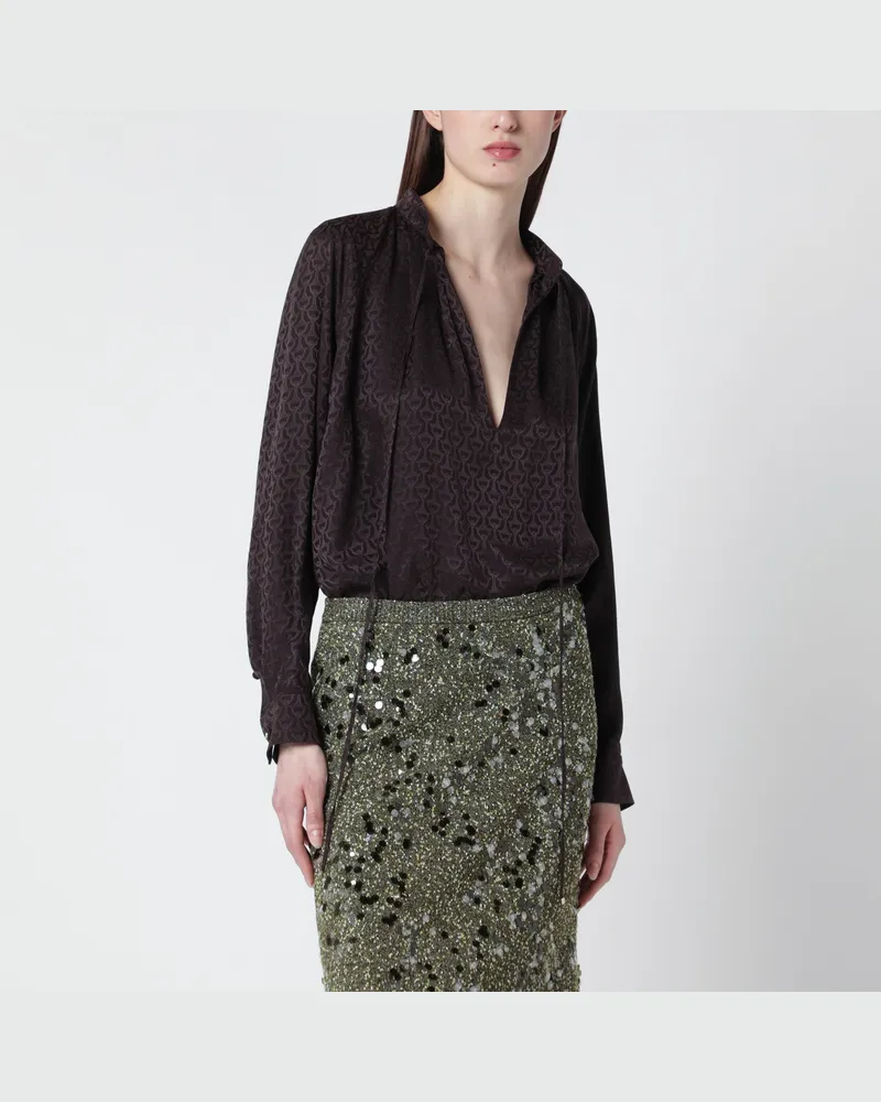 Gucci Braunes Jacquard-Seidenhemd mit Klemmen Beige