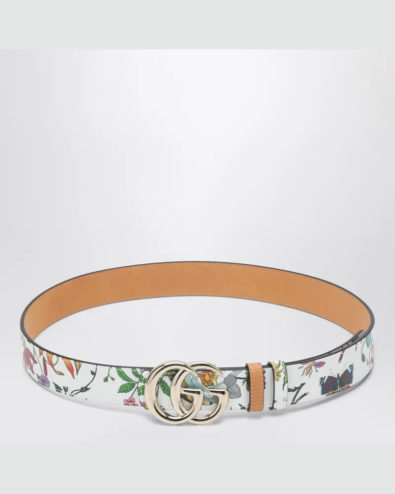 Gucci Wendegürtel GG Marmont aus braunem/weißem Leder mit Flora-Print Beige