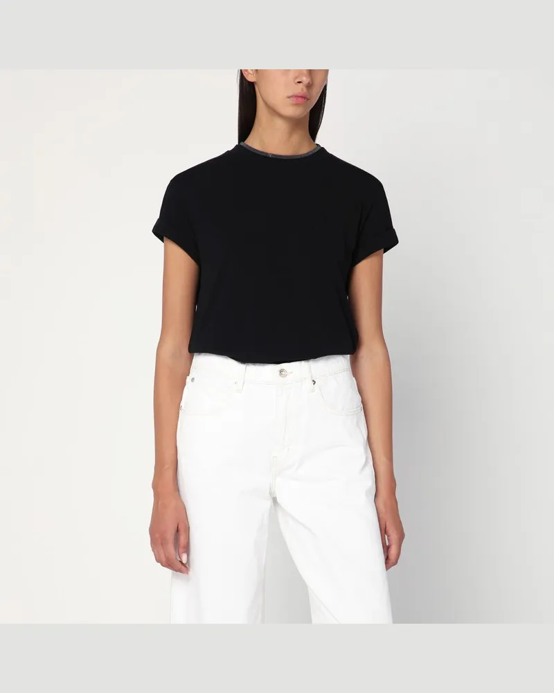 Brunello Cucinelli Schwarzes T-Shirt mit Rundhalsausschnitt und Anhänger Schwarz