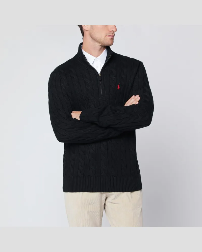 Ralph Lauren Schwarzer Baumwollpullover im Zopfmuster Schwarz