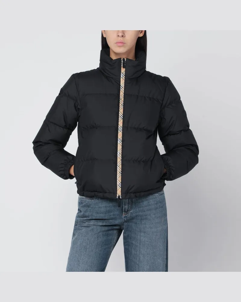 Burberry Schwarze Steppjacke mit Reißverschluss und Check-Detail Schwarz