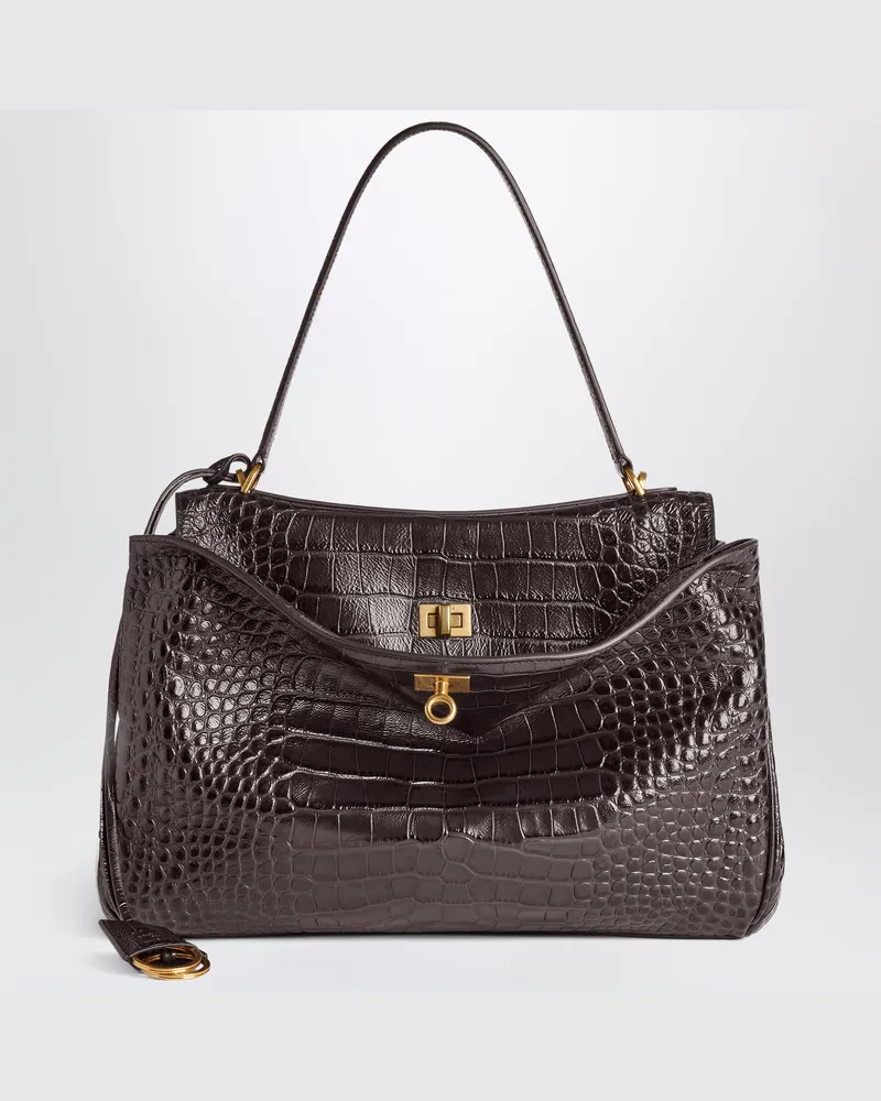 Balenciaga Rodeo Handtasche mittel aus geprägtem Leder in Krokodiloptik Espresso Brown