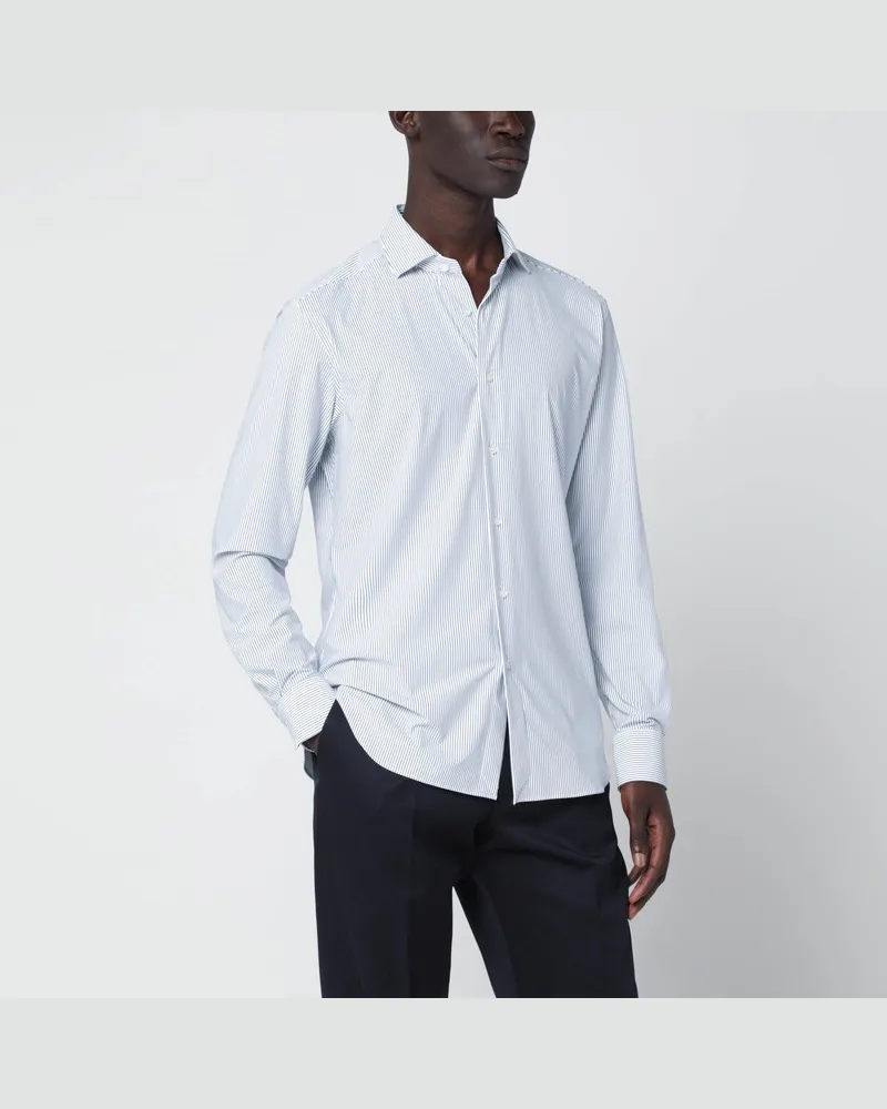 XACUS Weißes gestreiftes Tailor-Fit-Hemd Hellblau