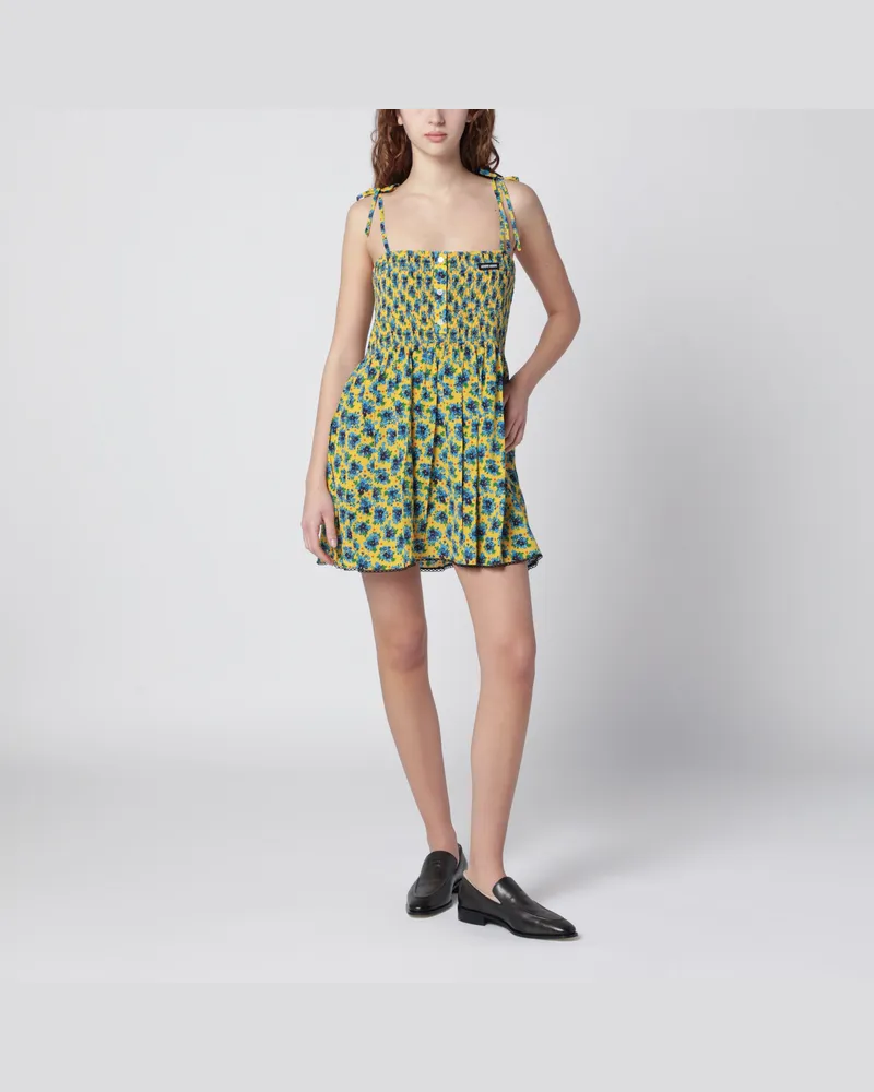 Miu Miu Mini-Kleid aus Seide mit gelb-blauem Blumenmuster 