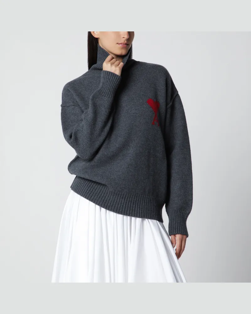 AMI Paris Ami De Coeur Pullover aus grau meliertem Merinowollstrick Grey