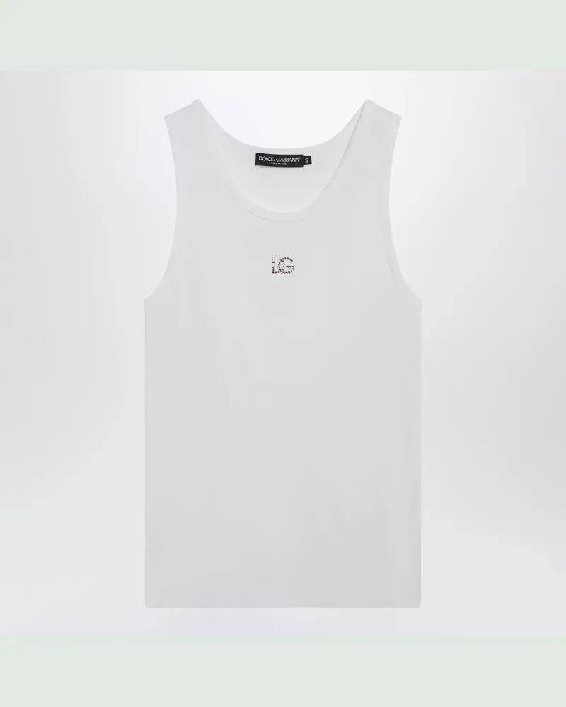 Dolce & Gabbana Geripptes Baumwoll-Tanktop mit DG-Stickerei, Optikweiß White